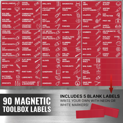 90 Pcs Magnetic Toolbox Labels Set Red 3.5x1 Inch For Tool Box Drawers With Strong Magnetic Backing Fast Foolproof Organization