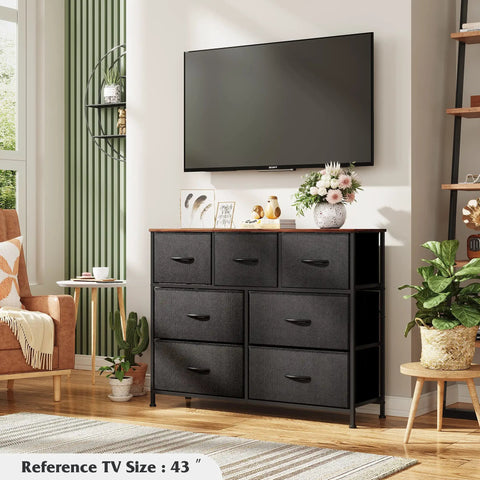 7 Drawer Dresser And TV Stand Media Console With Metal Frame And Wood Top For TVs Up To 45 Inches in Black and Rustic Brown