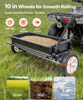 Tow Behind Lawn Spreader With Aeration Spikes For A Beefy Lawn Boost 32 Inch Wide Broadcast Spreader With 72 Aeration Tines attached to an ATV.