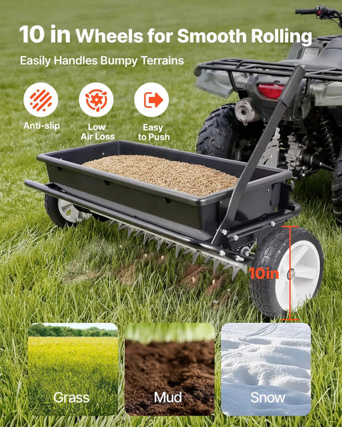 Tow Behind Lawn Spreader With Aeration Spikes For A Beefy Lawn Boost 32 Inch Wide Broadcast Spreader With 72 Aeration Tines attached to an ATV.