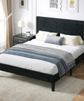 Full Size Platform Bed Frame With Height Adjustable Tufted Upholstered Headboard Modern Mattress Foundation Heavy Duty Wooden Slats No Box Spring Needed Zero Hassle Setup Jet Black in modern bedroom setting.