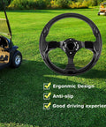 Sweet Upgrade Universal Golf Cart Steering Wheel Featuring Legit Skid Design 12.5 Inch All Black Aluminum Build For Club Car Ezgo Rxv Txt Valor Ds Onward And Yamaha Models displayed on grass.