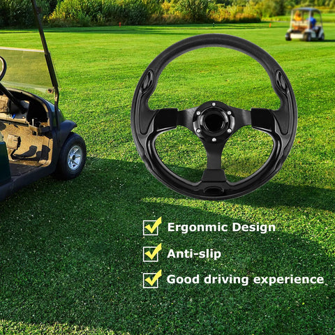 Sweet Upgrade Universal Golf Cart Steering Wheel Featuring Legit Skid Design 12.5 Inch All Black Aluminum Build For Club Car Ezgo Rxv Txt Valor Ds Onward And Yamaha Models displayed on grass.