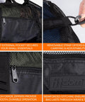 Close-up details of Massive 129L 35 Inch Mesh Duffle Bag for scuba gear; features external pocket, removable strap, zippers, reinforced stitching.