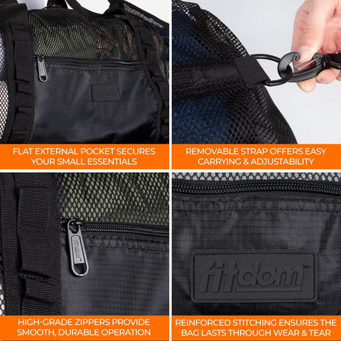 Close-up details of Massive 129L 35 Inch Mesh Duffle Bag for scuba gear; features external pocket, removable strap, zippers, reinforced stitching.