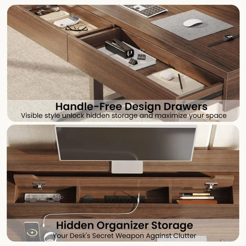 Height Adjustable Electric Standing Desk With Flip Top Hidden Storage And Handleless Drawers Featuring Motion Sensor LED Light For A Clean Workspace That Keeps Your Hustle Tight And Organized showcasing handle-free drawers and hidden storage.