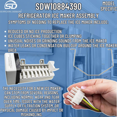 Refrigerator Ice Maker Assembly Replacement Fits W10793298 W10377152 W10469286 shown with wiring connector