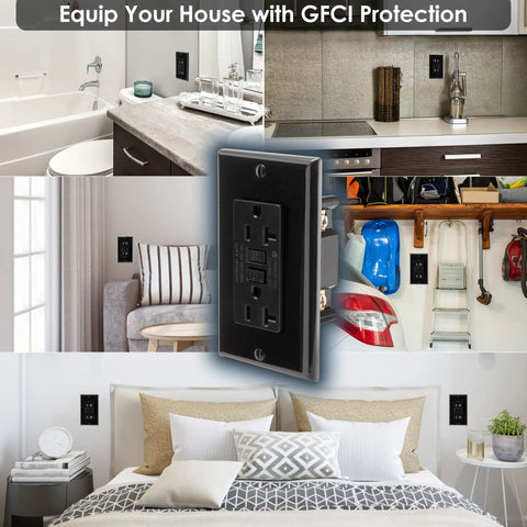 6 Pack Black GFCI Outlets With Wall Plates, 20A 125V 5-20R Tamper-Resistant GFI Receptacles installed in various rooms
