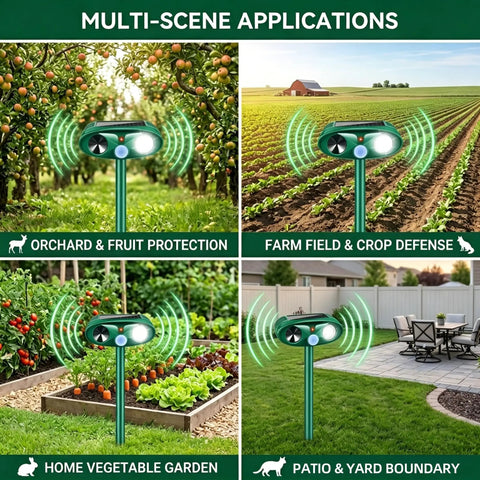 Ultrasonic Deer Repellent For Plants 4 Pack With Solar Power And Motion Sensor Strobe Light Outdoor Animal Deterrent in orchard, farm, garden, and yard