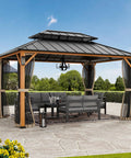 Hard Top Gazebo 10x14 With Double Galvanized Steel Roof, 4 LED Lights, Mosquito Nettings, Wood Grain Patio Shelter installed