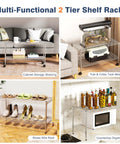 Two Tier Beefy Heavy Duty Wire Shelving Unit With Lockable Wheels 36 Inch Wide 18 Inch Deep 19.5 Inch High Height Adjustable Metal Storage Shelves Organizer For Living Room Garage Kitchen Office Laundry Pantry showcasing various uses, including cabinet storage, tank holder, shoe rack, and countertop organizer.