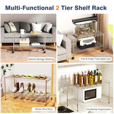 Two Tier Beefy Heavy Duty Wire Shelving Unit With Lockable Wheels 36 Inch Wide 18 Inch Deep 19.5 Inch High Height Adjustable Metal Storage Shelves Organizer For Living Room Garage Kitchen Office Laundry Pantry showcasing various uses, including cabinet storage, tank holder, shoe rack, and countertop organizer.