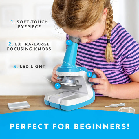Beginner Kid Microscope Kit With 400x Zoom Cool Easy To Use Design featuring a child using dual lighting and large focus knobs.