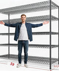 Heavy Duty Five Tier Garage Storage Shelving Unit Featuring An Adjustable Metal Wire Build With Rock Solid Craftsmanship designed for versatile organization, shown with a person demonstrating size.