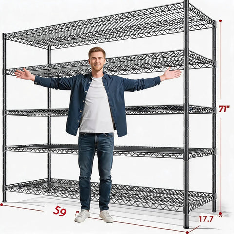 Beefy Five Tier Heavy Duty Adjustable Wire Shelving Rack With Three Thousand Two Hundred Lbs Max Capacity For Garage Organization Kitchen Pantry And Stacking Storage Built Tight To Handle Your Heaviest Gear Measures Fifty Nine By Eighteen By Seventy One with a person demonstrating size.