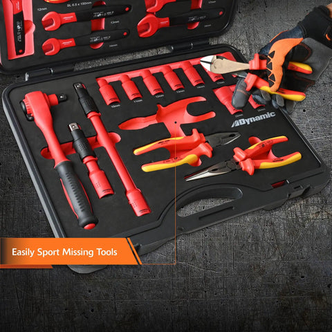 Job Site Beast 28 Piece 1000V Insulated Tool Set VDE Certified, showcasing wrenches, sockets, and pliers in a lockable case.