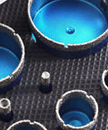 Close-up of diamond core drill bits set, 11 pcs with triangle shanks, sizes 6–65 mm for tile and stone drilling