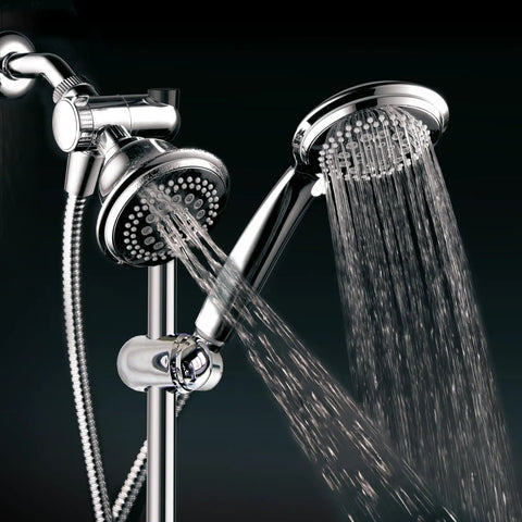 Three Way Shower Combo With No-Drill Instant Mount Slide Bar, Overhead And Handheld Heads, Stainless Steel Hose