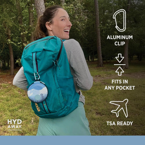 Woman with backpack carrying On The Go Travel Case For Collapsible Bottles Bowls And Cups With Carabiner Clip Protective Storage