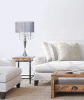 Romantic Sheer Shade Hanging Crystals Table Lamp For Cozy Glam Vibe Crystal Draping Chrome Finish 31 Inch Tall 16 Inch Shade in living room