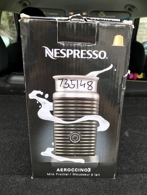 Box of Nespresso Aeroccino3 Milk Frother Black Three Mode Frother For Hot Foam Hot Milk Or Cold Froth Make Cafe Style Beverages