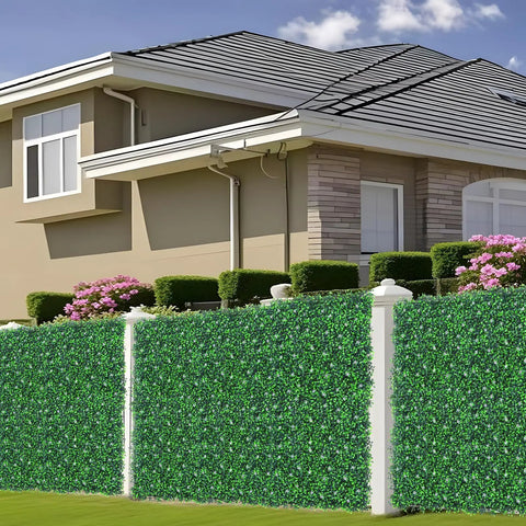 Dense Boxwood Roll Panels With Flowers DIY Friendly No Assembly Needed 48x120 Inches UV Resistant Faux Ivy Privacy Fence Screen Grass Wall
