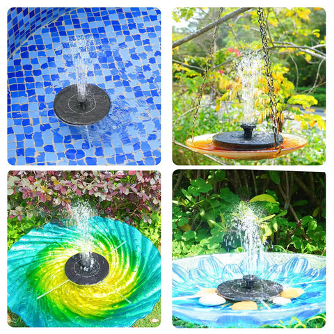 Various installations of 1.4W Solar Fountain Pump With Upgraded Panels For Bird Bath Garden Ponds Fish Tanks And Outdoor Water Features Floating Battery Free Solar Pump That Runs On Sun For A Low Maintenance Backyard Splash.
