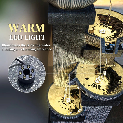 Close-up of Four Tier Outdoor Water Fountain With LED Lights, 33.5 Inch Tall Resin Cascading Bowls Waterfall detailing LED and water flow
