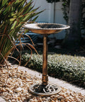 Bronze Outdoor Garden Bird Bath With Ground Stakes, Weather Resistant Resin, 27 Inch Tall, sturdy three-stake base, wide 21 inch basin.