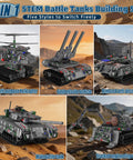 5-In-1 RC Tank Robot Building Set with 389 Pieces, showing transformable military vehicles including tank and missile vehicle.