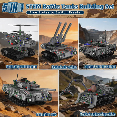 5-In-1 RC Tank Robot Building Set with 389 Pieces, showing transformable military vehicles including tank and missile vehicle.