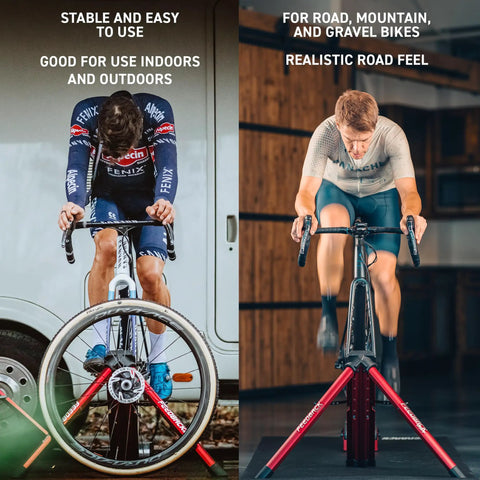 Cyclists using Omnium Over-Drive Lightweight Portable Bike Trainer With Travel Bag, demonstrating stability and versatility indoors.