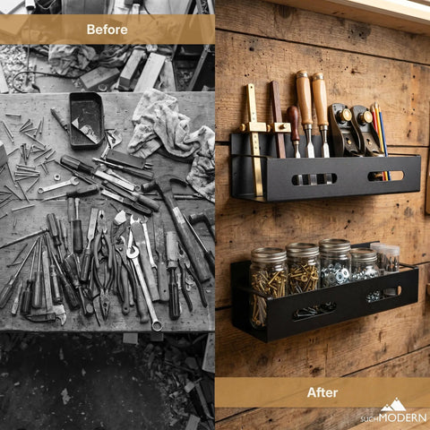 Total Workspace Game Changer Four Piece Wall Mounted Metal Storage Rack Kit Designed To Lock Down Heavy Tools Hardware And Car Care Gear Neatly Along Your Shop Walls With Tough Black Textured Powder Coat Finish