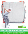 Person practicing golf swing indoors with Golf Hitting Mat With Real Turf Feel For Indoor And Outdoor Practice, net setup.