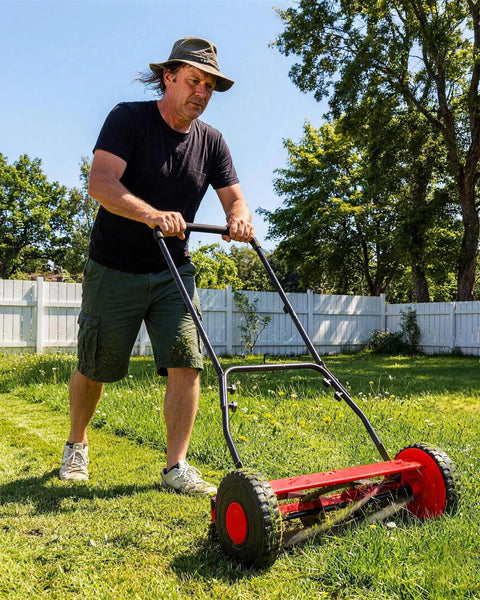 14 Inch Hand Push Reel Lawn Mower For Small To Medium Yards No Fuss Manual Cut With Precise Scissor Like Blades And Adjustable Height Settings For A Clean Healthy Lawn, man mowing grass