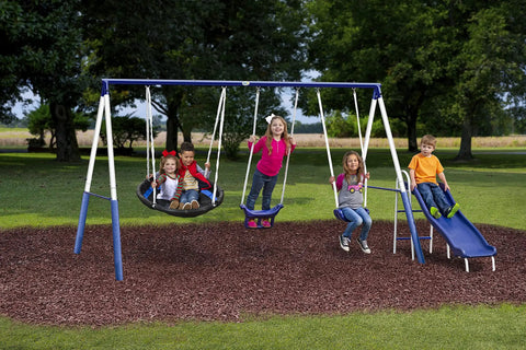 Five-User Four-Station Swing Set With 5 Foot Wave Slide For Kids Outdoor Backyard Metal Playground Set Easy Assembly Holds Up To 500 Lbs