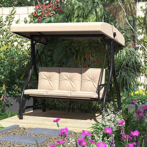 3-Seater Outdoor Porch Swing With Adjustable Backrest And Canopy in garden setting, beige cushions visible
