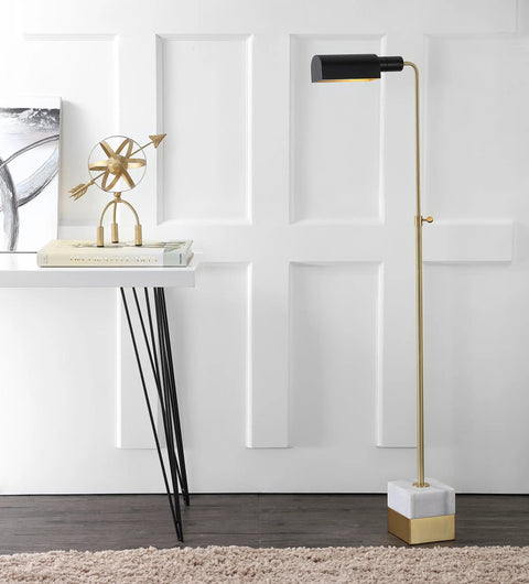 56.5 Inch Adjustable Brass Gold And Carrara Marble Library LED Floor Lamp With Sleek Black Metal Shade For Living Room