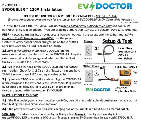 EVDOUBLER™ 120V installation guide showing charging setup and wiring instructions for EV charger adapters.
