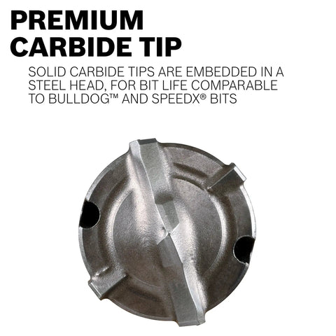 Overhead view of premium carbide tip on an SDS Max Speed Clean Dust Extraction Bit for Vacuum Connected Drilling Three Quarters Inch By Twenty One Inch.