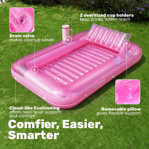Pink Inflatable Tanning Pool Lounger With Pillow 70 By 46 Inches Personal Water Filled Float featuring cup holders and drain valve