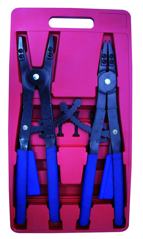 16 Inch Snap Ring Plier Set 2 Piece With Replaceable Tips And Spring Lock Built For Tough Jobs Internal And External Ring Pliers For Large Snap Rings Blue And Black Handles in red case