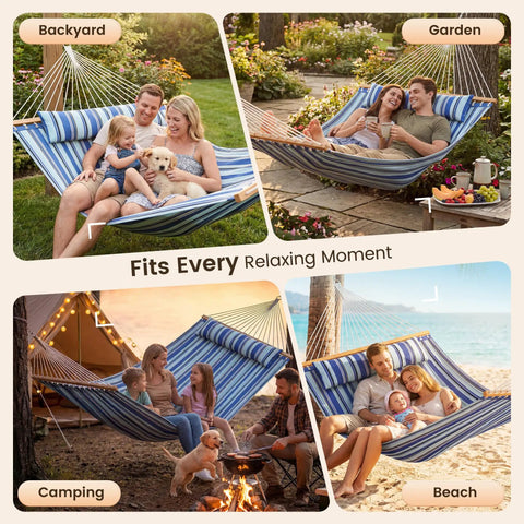 Two Person Double Hammock With Spreader Bar For Patio And Backyard Use 500 Lbs Capacity Flat Wide Bed Cozy Pillow Outdoors