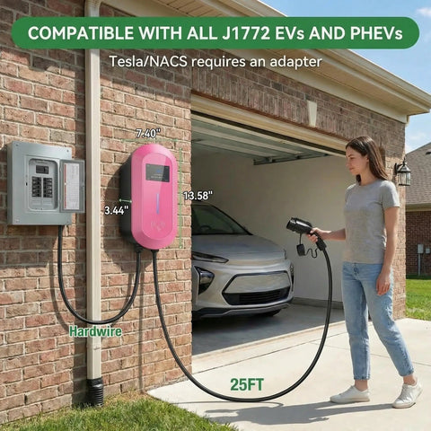 Level 2 Ev Charger To Smoothly Top Off Your EV Battery With 50Amp And 12Kw Raw Juice 240V Hardwired Hookup installation with 25FT cord.
