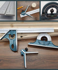 Pro Grade Combination Square Set With Protractor 12 Inch Bevel Ruler For Woodworking And Metalworking Cabinets And Joinery 180 Degree Angle Finder Carpenter Square Case on a wooden workbench