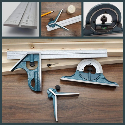 Pro Grade Combination Square Set With Protractor 12 Inch Bevel Ruler For Woodworking And Metalworking Cabinets And Joinery 180 Degree Angle Finder Carpenter Square Case on a wooden workbench