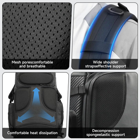 40L Outdoor Drone Backpack With DIY One Piece Partition showing mesh fabric, shoulder strap, back support, and side cushion detail.