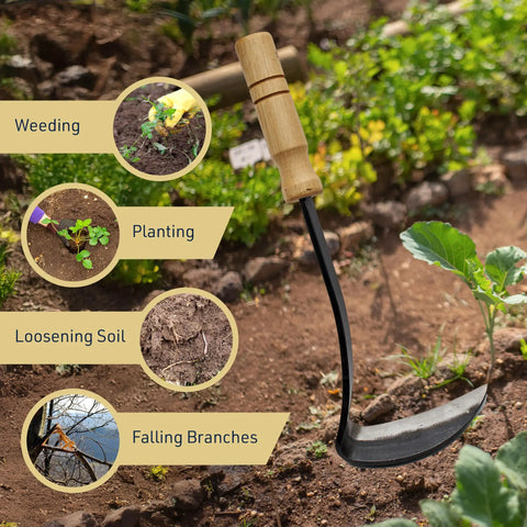 Nejiri Kama Weeding Sickle Tool With Razor Sharp 4 Inch Drop Forged Blade shown in a garden setting with various uses highlighted.