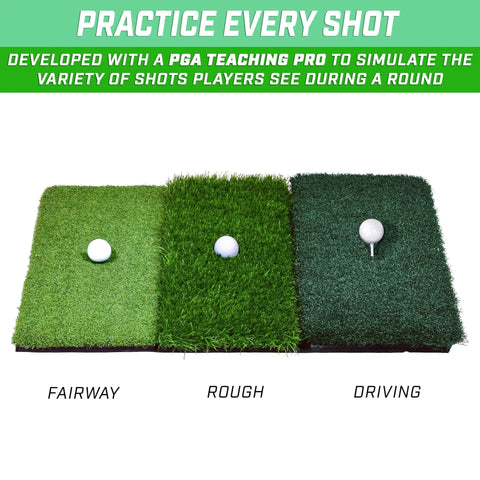 Tri Turf XL Golf Hitting Mat 24x24 Inches with fairway, rough, and driving surfaces for versatile practice