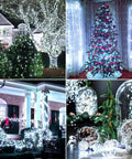 Extra Long Solar Fairy String Lights 288FT 800 LEDs, 4 Pack 72FT Each String Waterproof Outdoor Twinkle Lights With 8 Modes, Cool White Silver Wire For Deck Backyard Tree Garden Fence Pool Party illuminating trees and a home exterior.